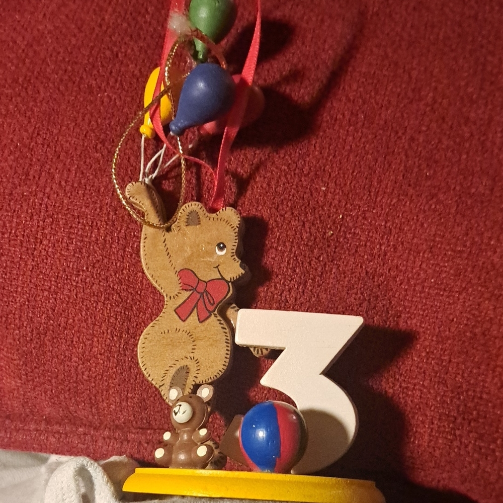 Kurt Adler Bear Balloons 3 wood ornament 3rd Christmas Birthday